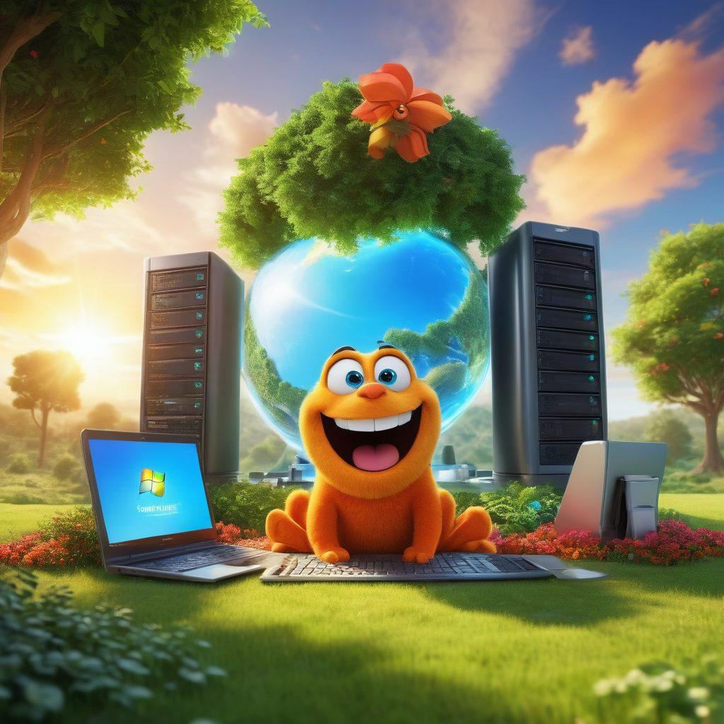 A serene digital landscape depicting a happy web hosting environment, featuring smiling servers, colorful data packets flying joyfully, and a supportive customer service mascot, all surrounded by vibrant greenery and sunny skies symbolizing contentment. Include cheerful users engaging with their websites, showcasing ease and satisfaction. super-realistic. vibrant colors. 3D.