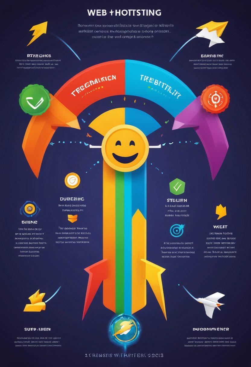 A visually compelling infographic showcasing the journey of web hosting benefits transitioning from basic to premium. Include elements like a smiling face turning into a thrill-seeker, symbols of speed (lightning bolts) and reliability (shields), and a vibrant web-hosting comparison chart. Use bright colors to represent excitement and clarity. super-realistic. vibrant colors. infographic style.