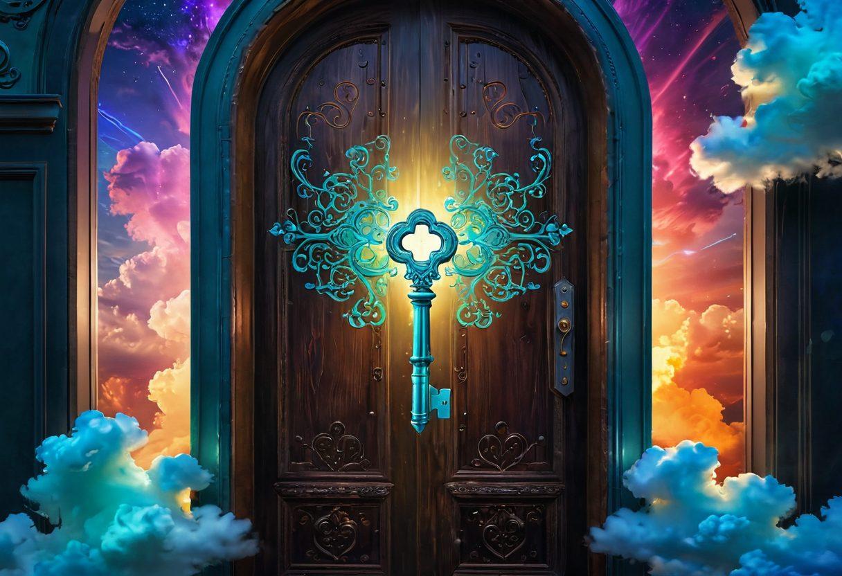 A visually striking image of an ornate, glowing key unlocking a vibrant, ethereal door made of digital elements symbolizing web hosting. Surround the key with abstract representations of servers, clouds, and data flows radiating joy and excitement. The background should feature a welcoming, warm color palette with hints of blues and greens, inspiring curiosity and exploration. super-realistic. vibrant colors. 3D.